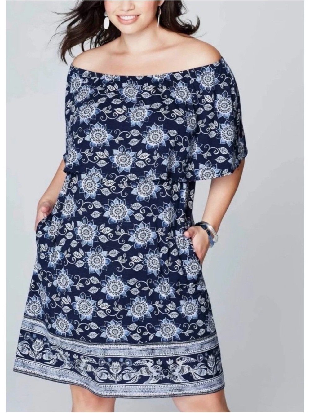 J.Jill Dress Floral Sz M Off Shoulder Jersey Ruffle Size M Pockets Stretch